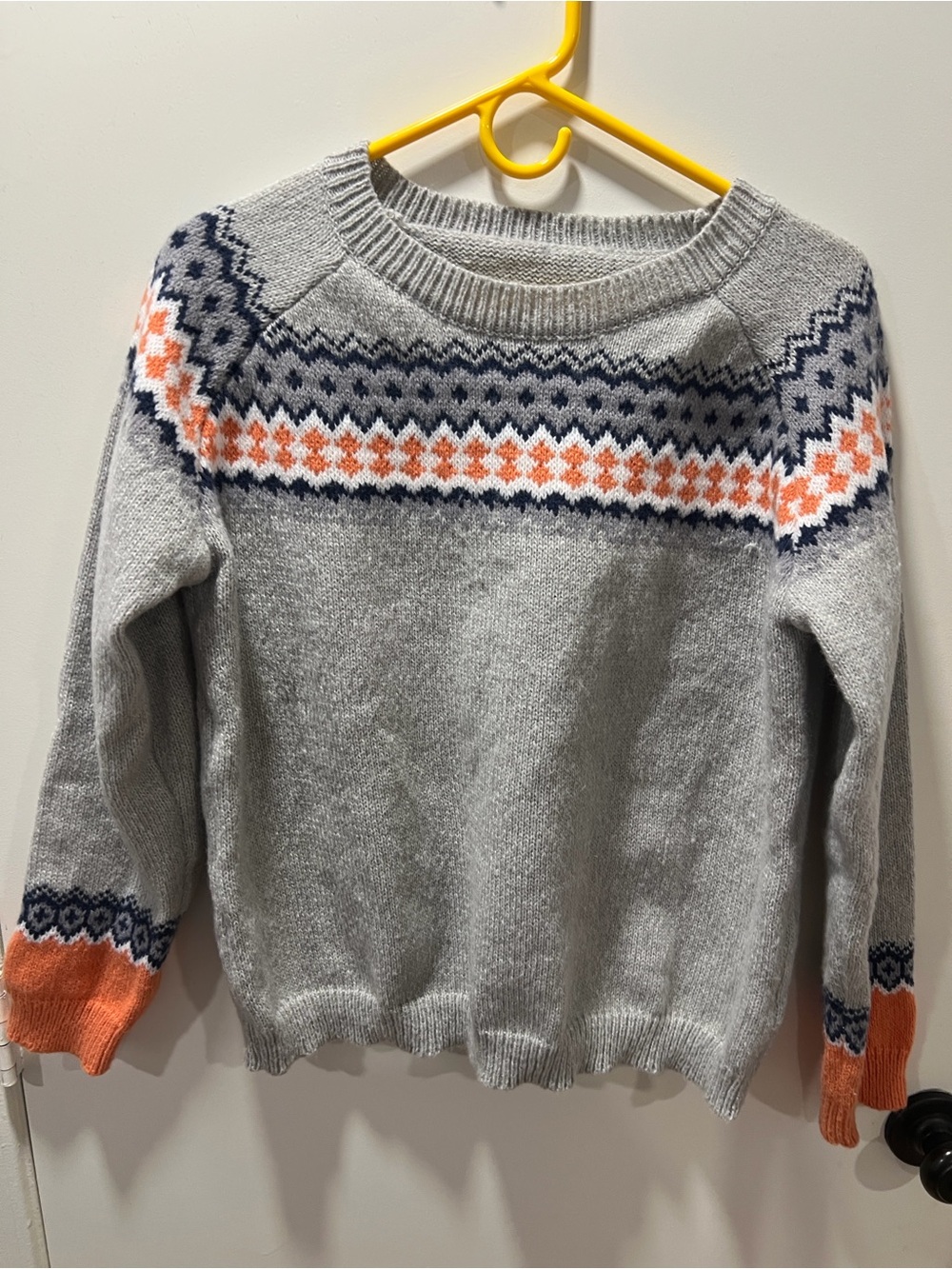 Original Use Grey Fair Isle Crewneck Sweater with Coral and Navy Details